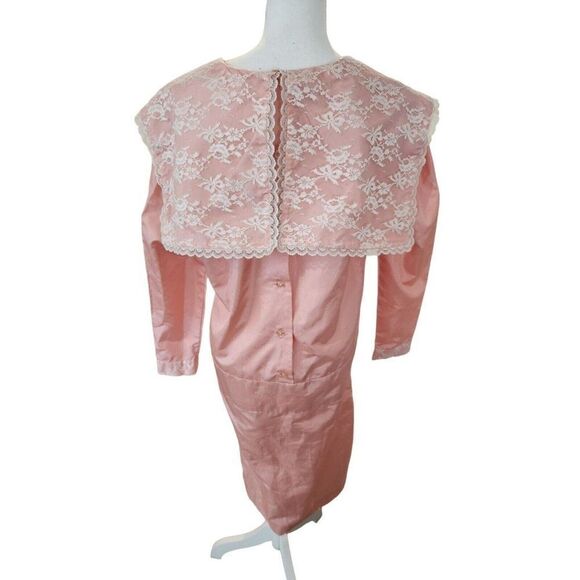 Vintage 80s Pretty In Pink Long Sleeve Maxi Lace Dress L Modest Prairie Bib - Picture 4 of 6